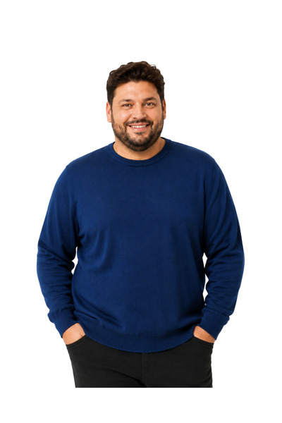 BattalModa سترة قطنية للرجال مقاس كبير بياقة دائرية باللون النيلي 3XL-4XL-5XL...