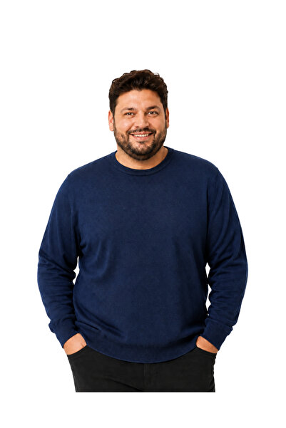 BattalModa سترة قطنية للرجال مقاس كبير بلون نيلي داكن وياقة دائرية 3XL-4XL-5X...