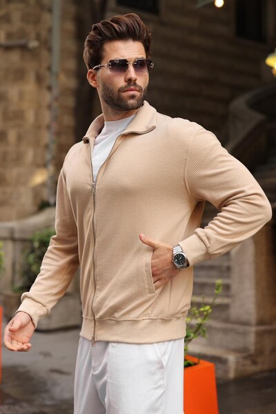 Madmext Beige Stand Collar Double Zipper Pocket Men's Knitwear Cardigan E7198