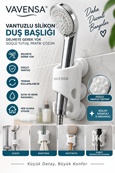 VAVENSA Vantuzlu Silikon Duş Başlığı Tutucu Delmeden Güçlü Vakumlu Banyo Askısı