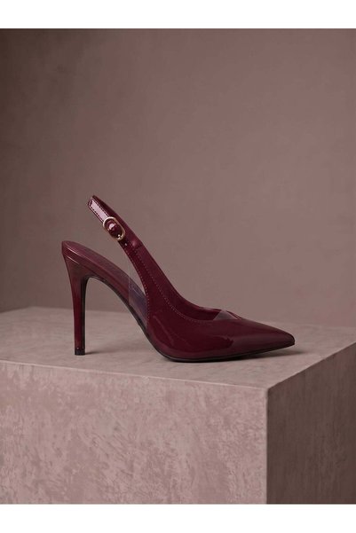 Güllü Shoes Burgundy Patent Leather Transparent Detailed Slingback Stiletto Pointed Toe Gold Buckle Thin Heel Evening Dress Event Night