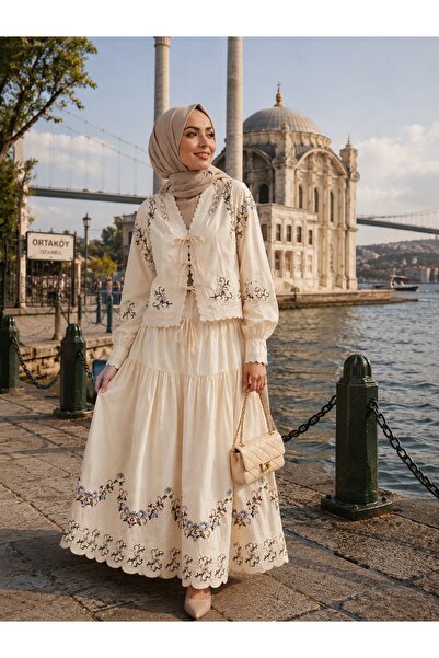 Burcia Special Design Linen Embroidered Skirt Set