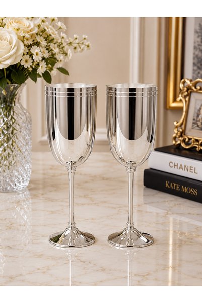 italia Set de 2 flute de șampanie placate cu argint, model Flute, cu picior î...