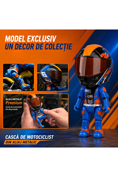 FAMIFY Figurină de colecție Pilot Moto Pocket Rider, Articulată, cu cască detașabilă, Albastru-Portocaliu