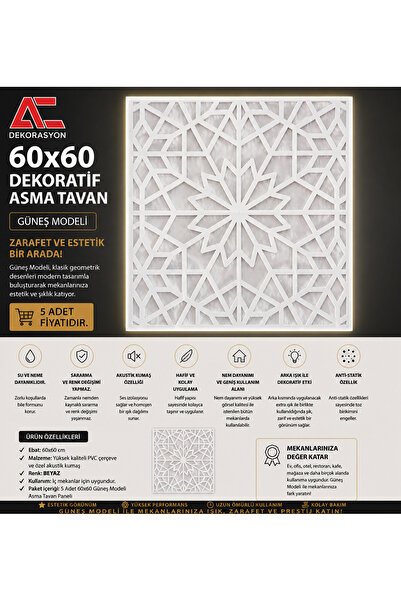 AC DEKOR Dekoratif Asma Tavan Paneli Güneş 60x60 Led Uyumlu (5 adet)