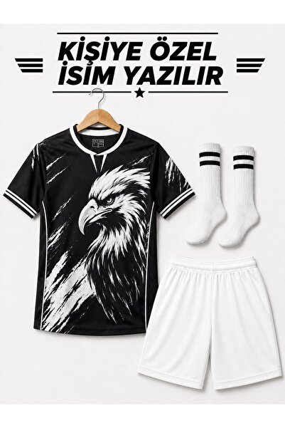 yenteks İsim Yazılır Kartal Desen Siyah-beyaz Çocuk Futbol Forması Takımı Çor...