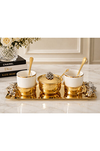 chinelli Set de servire cafea premium, 2 cești din porțelan cu suport auriu, ...