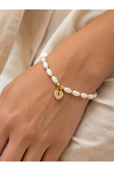 Beatis Baroque Pearl Beaded Minimal Zircon Stone Heart Lock Detailed Gold Wom...