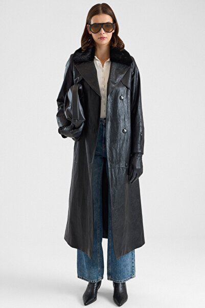 Olcay Removable Fur Cape and Buckle Detailed Crush Leather Trench Coat Black ...