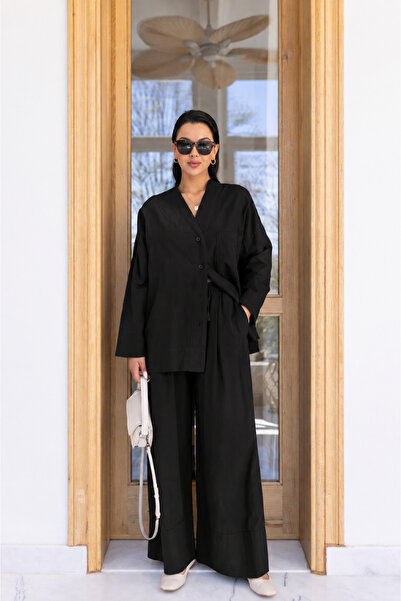 My Blog Black Shirt Double-Legged Trousers Linen Suit - 1232