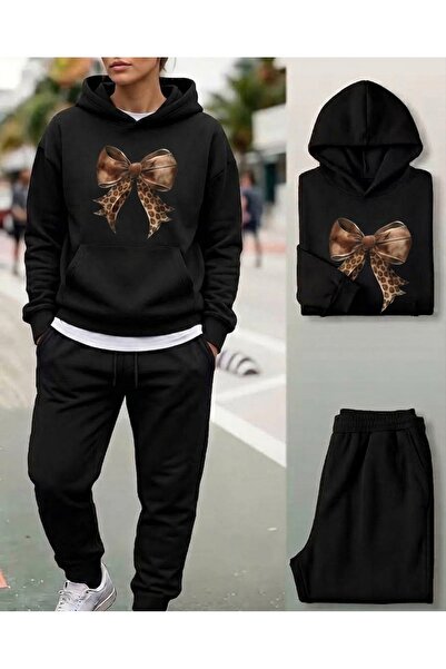 WOODROFFE Women's Leather Look Bow Printed Hooded/Crew Neck Sweatpants Set Ov...