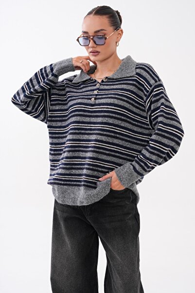 DazzUp Women's Polo Collar Striped Sweater