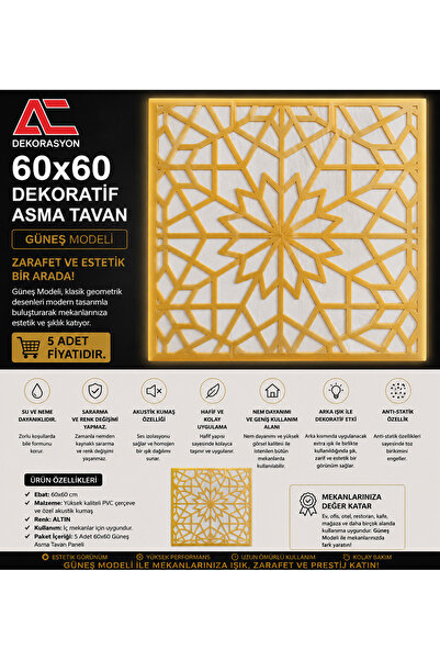 AC DEKOR Dekoratif Asma Tavan Paneli Güneş 60x60 Led Uyumlu (5 adet)