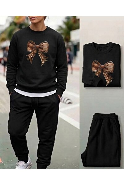 WOODROFFE Women's Leather Look Bow Printed Hooded/Crew Neck Sweatpants Set Ov...