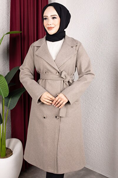 Rabia Zülal Double-Breasted Collar Belted Buttoned Front Cashmere Coat 110cm ...