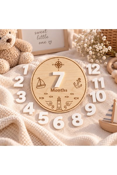 TİNY WONDERS TOY STORE Bebek Aylık Anı Kartı 1-12 Ay Değiştirilebilir Rakamlı Ahşap Fotoğraf Çekim Kartı Denizci Temalı