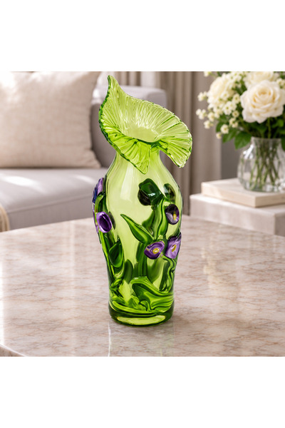 Germania Vază decorativă din sticlă – model artistic în nuanțe de verde, cu d...