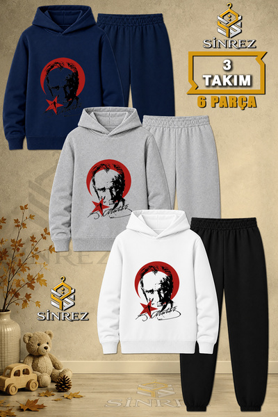 SİNREZ Children's Unisex 3Lu Ataturk Red Moon Star Black Printed Hooded Track...