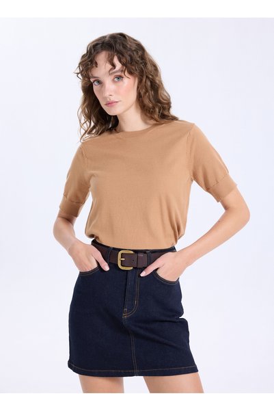 JEEP Women's Camel Crew Neck Basic Plain Knit Sweater J5WL-KZK7130