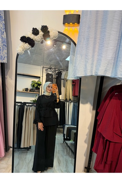 Kadın Siyah Fırfırlı Tünikli İkili Takım