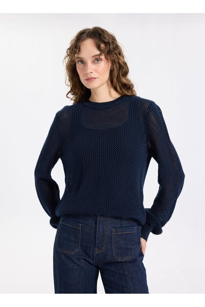 JEEP Navy Blue Women's Crew Neck Relaxed Pointelle Sweater J5WL-KZK7003