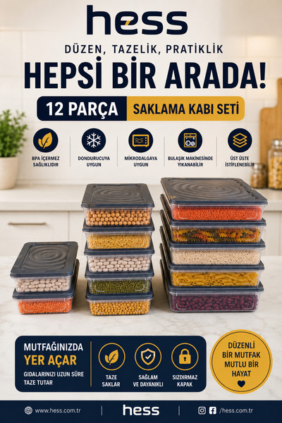 Mikrodalga ve Difriz Uyumlu 12 Adet Saklama Kabı Seti 2400MLX5+1200MLX5+600MLX2