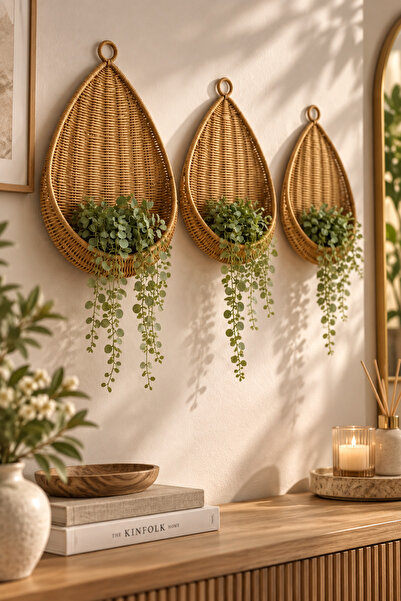 YzHome 3 Boy Asılabilir Hasır Rattan Sepet Organizer Düzenleyici Dekoratif Sepet