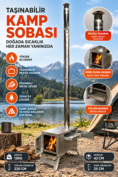 Realx Portatif Kuzineli Odun Kamp , Piknik , Outdoor Sobası Galvanizli Ve Taş...