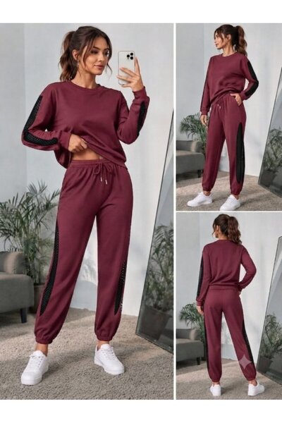 Viyamo Women's long sleeve crew neck viscose two-piece set with mesh tulle de...