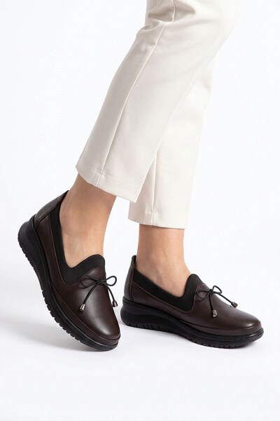 Moda Pie Wave bow stretch genuine leather orthopedic women's shoes - coffee b...