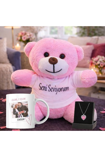 MARMORİ KİŞİYE ÖZEL TASARLANABİLİR KUPA PEMBE PELUŞ AYICIK PEMBE KALP KOLYELİ...