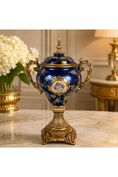 Grecia Amforă decorativă cu capac, vază ornamentală albastru regal cu accente...