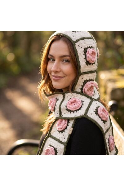 B BUL AKSESUAR Women's Hand Knitted Rose Motif Hooded Scarf Granny Square Win...