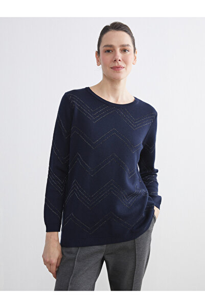 LC Waikiki Nevavm Lcw Grace Navy Blue Oval Collar Patterned Women's Knitwear ...