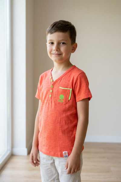 OEM Tricou baieti cu guler Henley, buzunar la piept si detalii verde neon, ZZ...