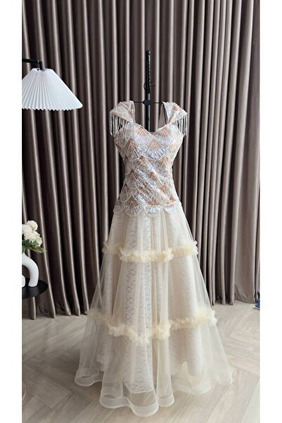 Dubai Luxury Ivory and Sugar Colored Evening Gown