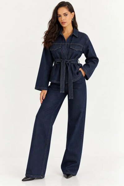 Cool & Sexy Kadın Koyu Lacivert Denim Kuşaklı Ceket & Bol Paça Jean İkili Takım