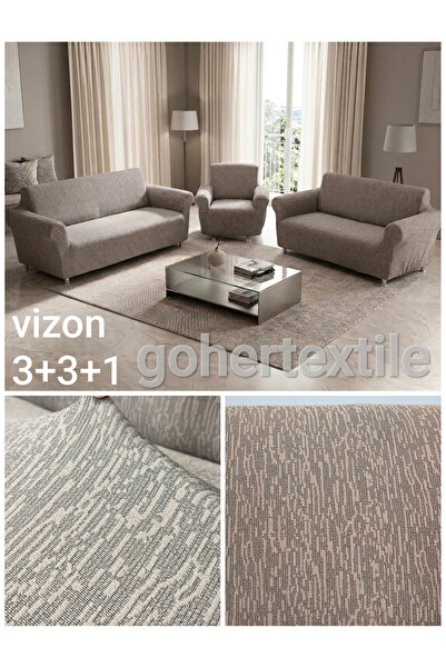 gohertextile Lüks Jakarlı 3+3+1 Koltuk Örtüsü Seti - Ağaç Kabuğu Desenli Likr...