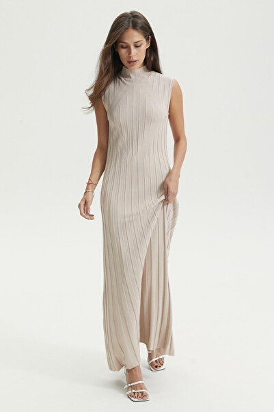 Ferraro Beige Viscose Blended Ribbed Knit Dress