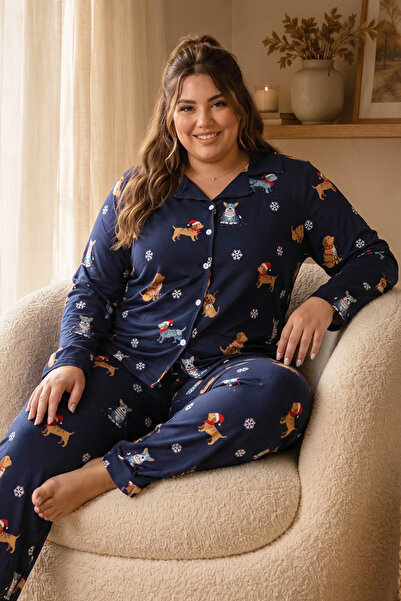 Siyah İnci Navy Blue Patterned Thermal Fabric Ultra Soft Plus Size Oversized ...