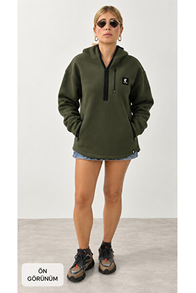 Kadın Haki Kapüşonlu Fermuarlı Sweatshirt – Kanguru Cepli Oversize Spor Sweat