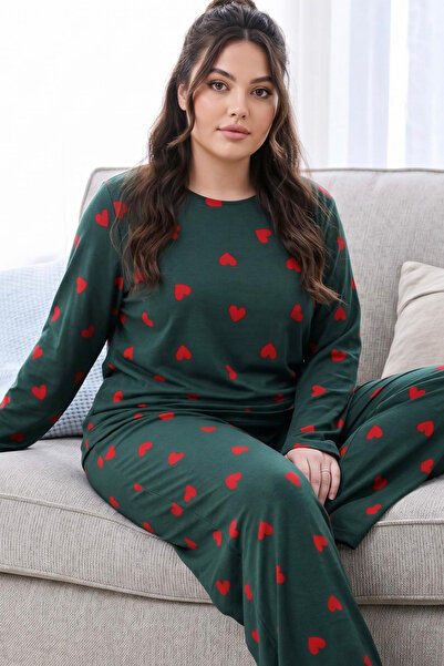 Siyah İnci Green Patterned Thermal Fabric Ultra Soft Plus Size Oversized Knit...