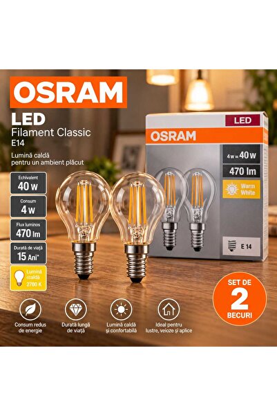 Osram Σετ 2 λαμπτήρων LED Filament – E14, 4W, αντίστοιχο 40W, 470 lm, θερμό φως
