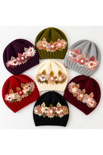 edirneörgü Kadın El Örgüsü Çiçek İşlemeli Bere – Alize Angora Gold – Çift Kat...