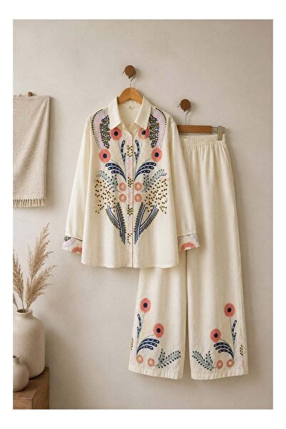 Generic Women's Off White Pure Linen Floral Embroidered Cord Set