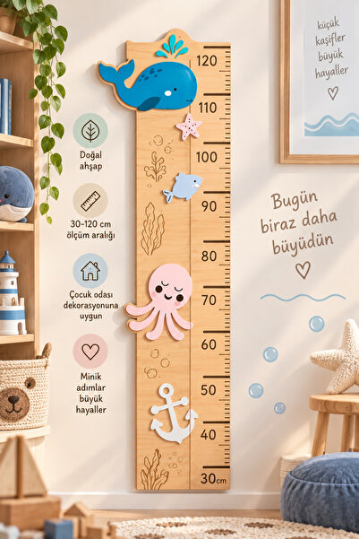 TİNY WONDERS TOY STORE Çocuk Boy Ölçer Ahşap Boy Ölçüm Cetveli 30-120 cm Duva...