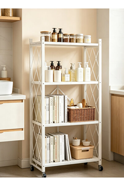 Generic foldable storage shelf, rolling cart with wheels, metal storage rack,...