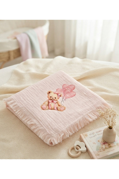 %100 Pamuklu 4 Katlı Müslin Bebek Battaniyesi Ayıcık Desenli, Püsküllü, Pembe