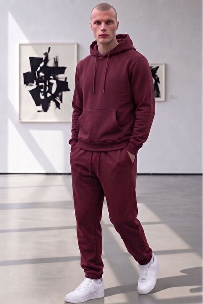 NO 601 Men's Burgundy Kangaroo Pocket Hooded Burgundy Sweatpants Set with Ela...