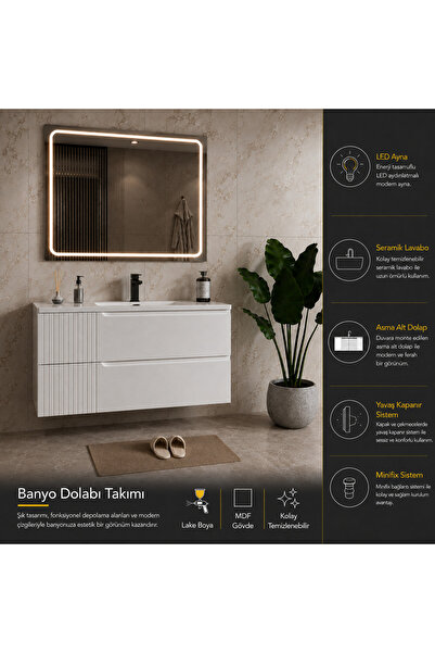 trakya banyo Banyo dolabı seti beyaz 80'lık alt dolap seramik lavabo led aydı...